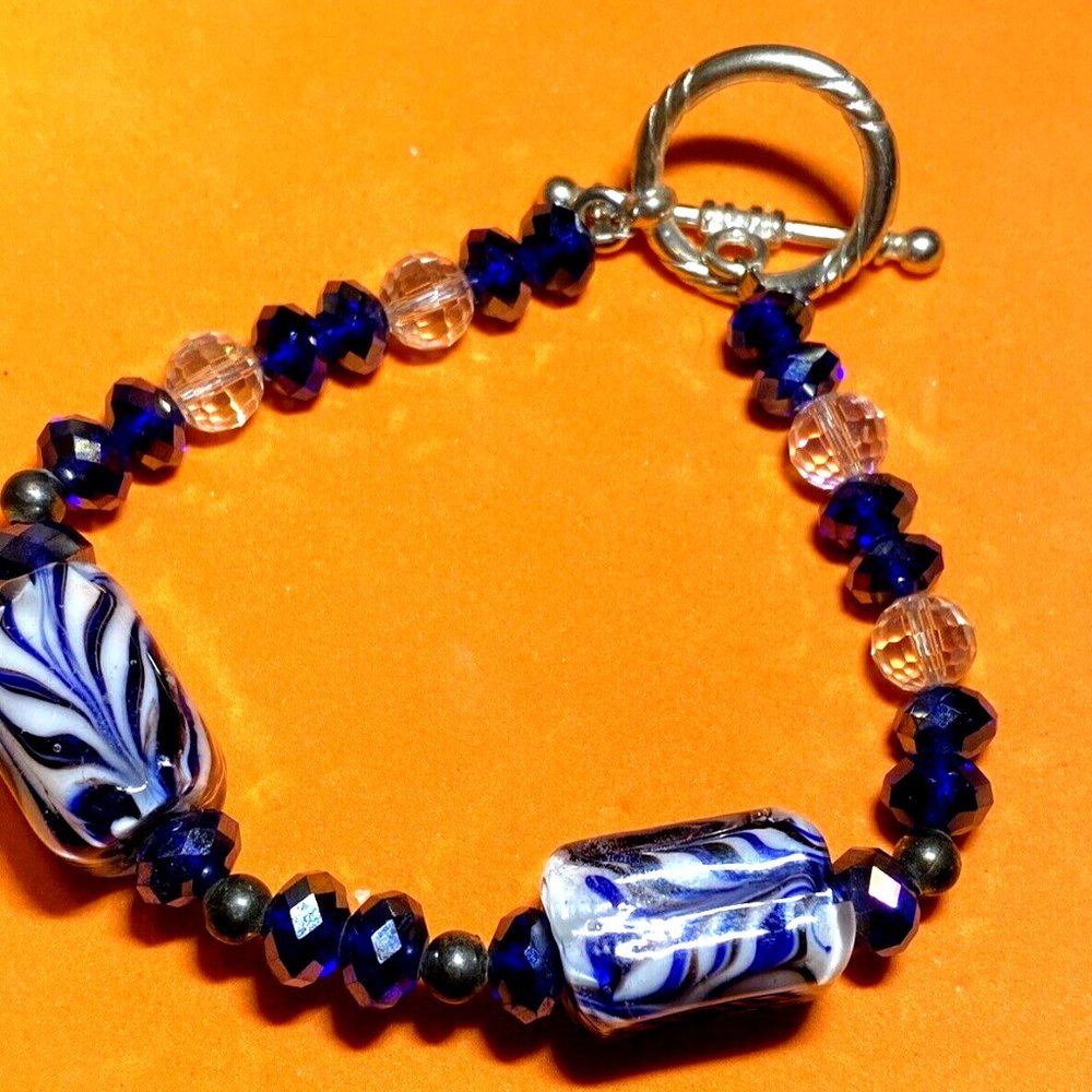 Vintage Silver Toned with Blue White Square Beaded Toggle Bracelet 8" open